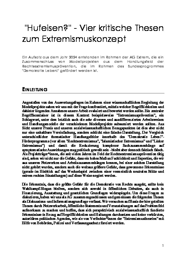 Cover “Hufeisen?” - Vier kritische Thesen zum Extremismuskonzept